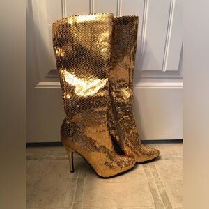 Ellie Gold Sequin Over-the-Knee High Heel Boots.(may be below the knee)